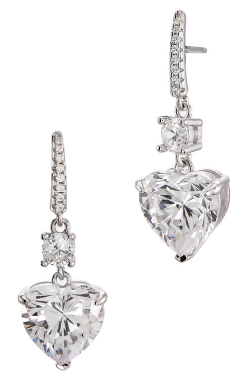 SAVVY CIE JEWELS Rhodium Plated Sterling Silver Canary CZ Heart Drop Huggie Earrings in White