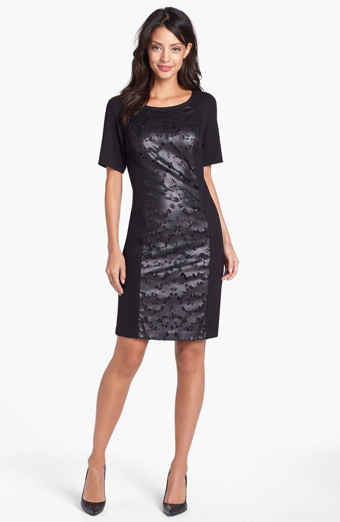 Laundry by Shelli Segal Laser Cut Faux Leather Front Sheath Dress
