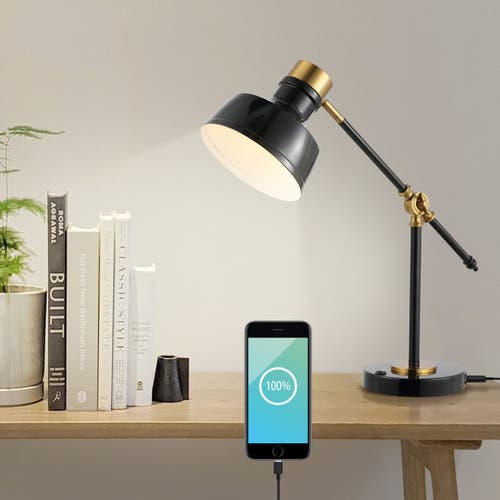 Jonathan Y Allegra Classic Farmhouse Adjustable Cantilever Led Task Lamp With Usb Charging Port In Black/brass Gold