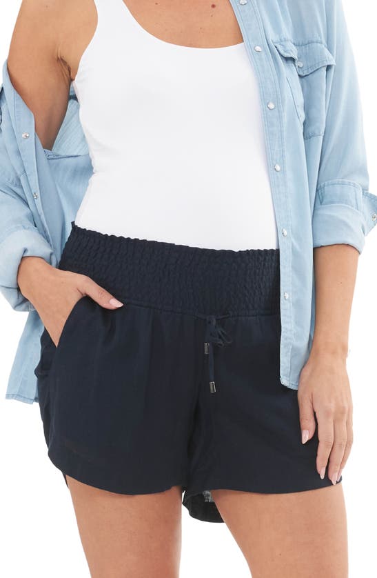 RIPE MATERNITY RIPE MATERNITY INDI SMOCKED LINEN BLEND DRAWSTRING MATERNITY SHORTS
