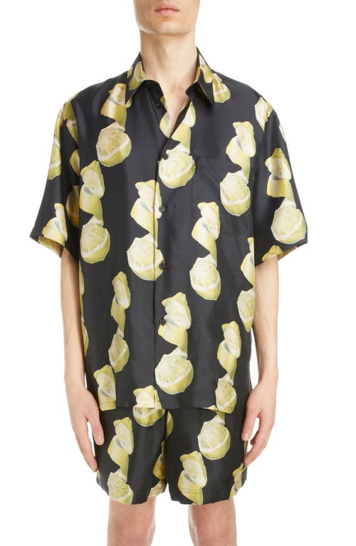 Givenchy Lemon Print Silk Button-up Shirt In Black/yellow