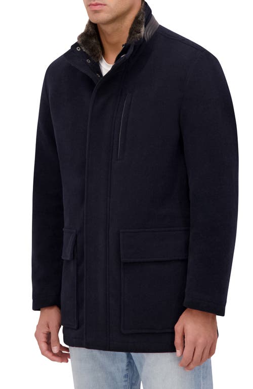Cole Haan Signature Wool Blend Faux Fur Lined Stand Collar Jacket In Navy