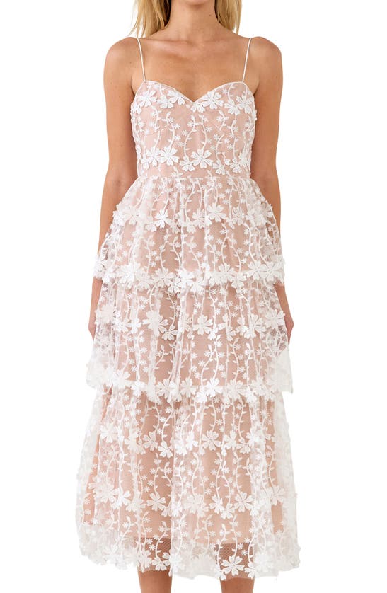 Shop Endless Rose Floral Embroidered Tiered Lace Midi Dress In White