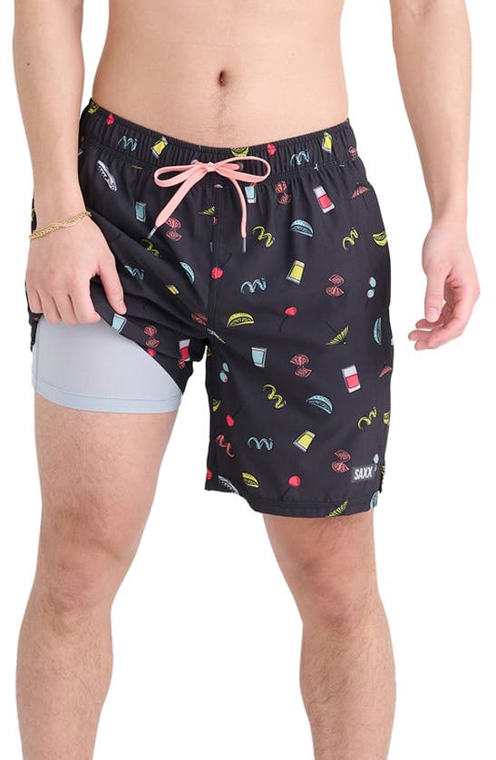 Saxx Oh Buoy 2n1 Volley Swim Shorts In Twists And Shots-fd Black
