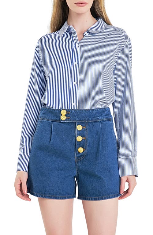 Colorblock Stripe Long Sleeve Button-Up Shirt in Blue