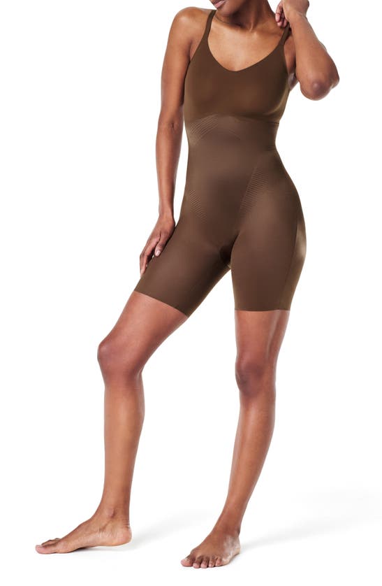 Shop Spanx Thinstincts 2.0 Mid-thigh Shaping Bodysuit In Chestnut Brown