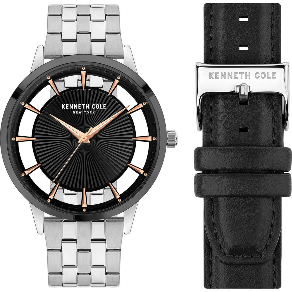 Shop Kenneth Cole Three Hand Quartz Watch & Interchangeable Strap Set, 45mm In Silver/black