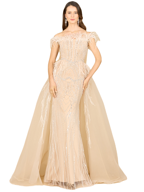 Shop Lara New York Off Shoulder Gown With Feathers In Champagne