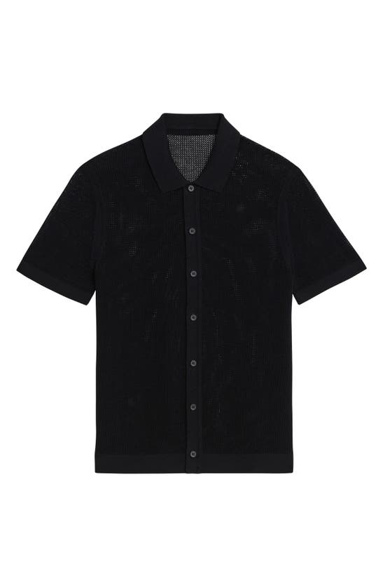 Shop Theory Cairn Short Sleeve Button-up Cotton Blend Sweater In Black