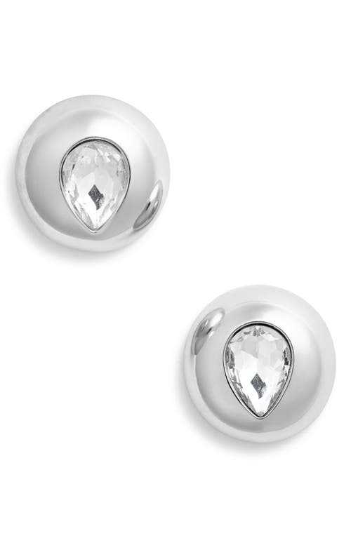 Open Edit Crystal Teardrop Puffy Button Earrings in Clear- Rhodium 