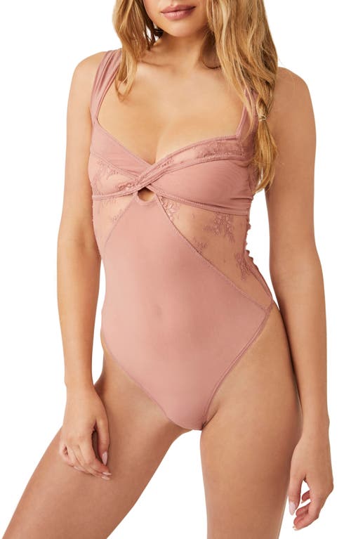 Free People Sheer Things Lace Trim Mesh Bodysuit in Smoke Rose at Nordstrom, Size X-Large