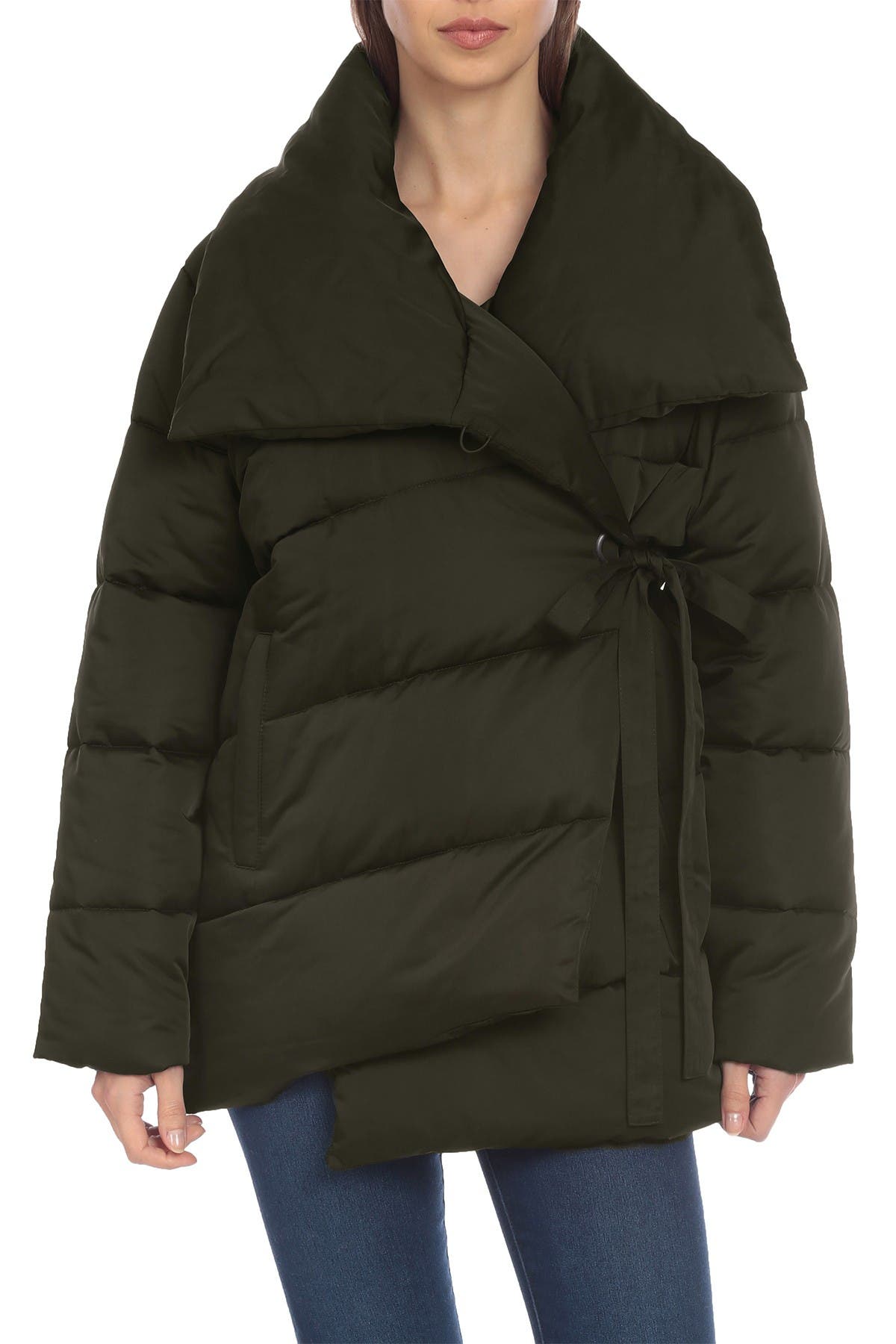 wrap front puffer jacket