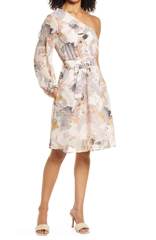 Embroidery Print One-Shoulder Chiffon Dress in Natural