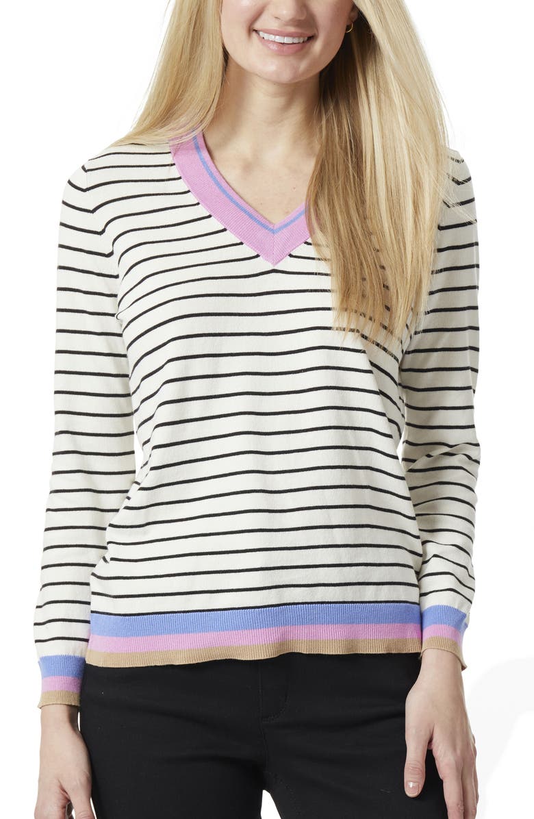 Jones New York Stripe Relaxed Fit V-Neck Sweater, Main, color, 