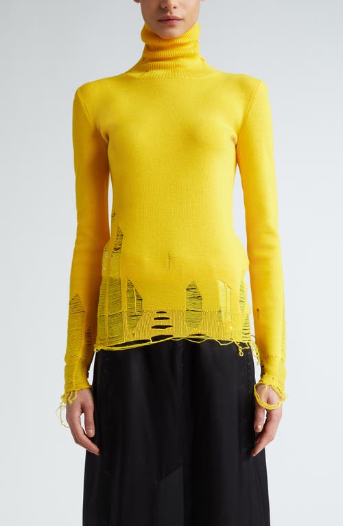 Shop Mm6 Maison Margiela Ripped Virgin Wool Blend Turtleneck Sweater In Yellow