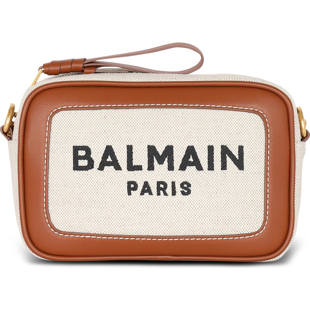 Balmain B-army Logo Canvas & Leather Crossbody Camera Bag In Gem Natural/brown