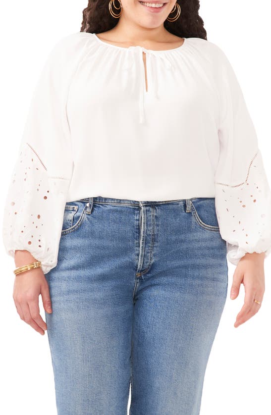 Shop Vince Camuto Eyelet Accent Split Neck Top In Ultra White