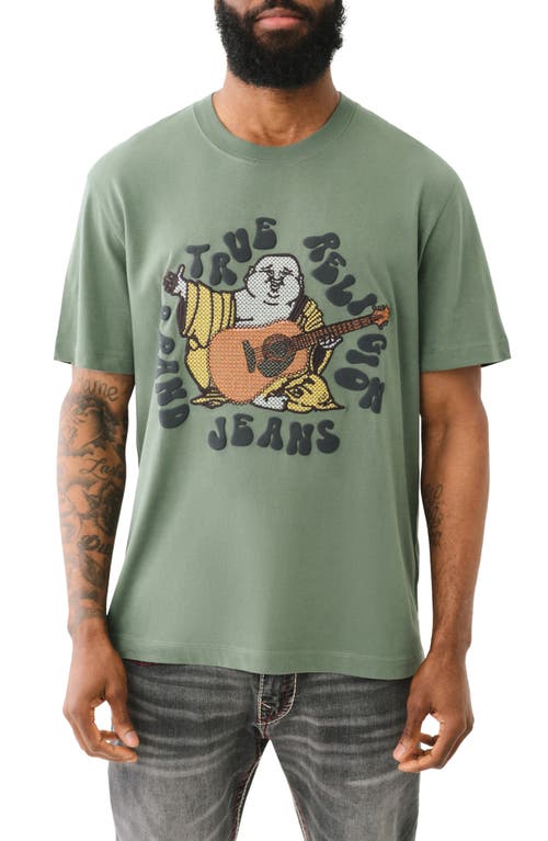 True Religion Brand Jeans Cross Stitch Buddha Patch Graphic T-Shirt in Bottle Green 