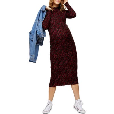 Topshop Rose Print Long Sleeve Maternity Midi Dress, US (fits like 6-8) - Red
