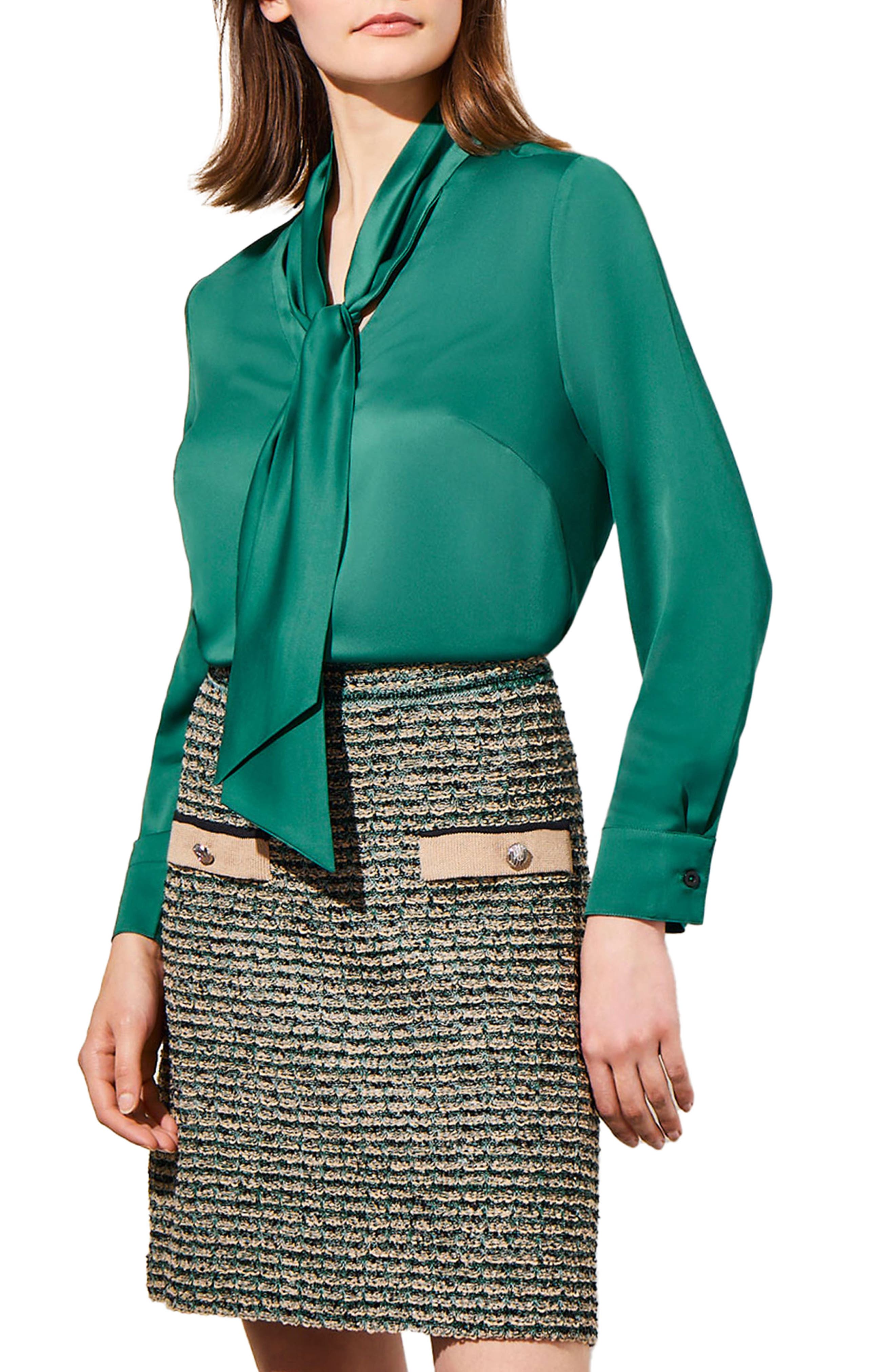 Ming Wang Tie Neck Crêpe de Chine Blouse in Jewel Green