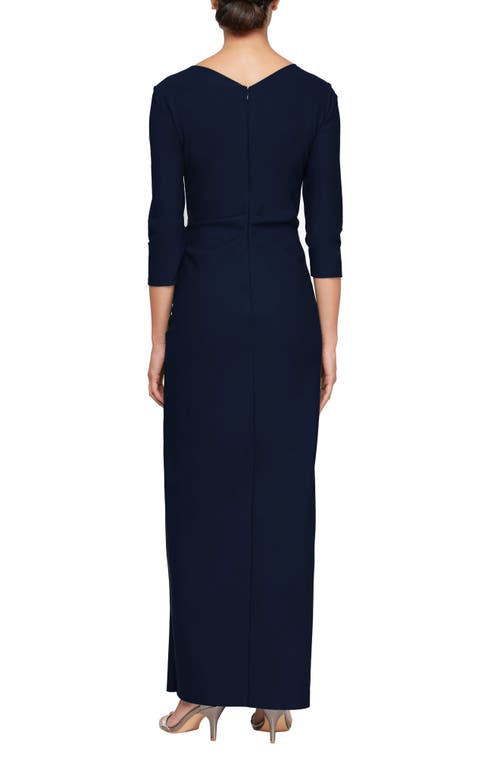 Alex Evenings Surplice Neck Column Gown In Navy