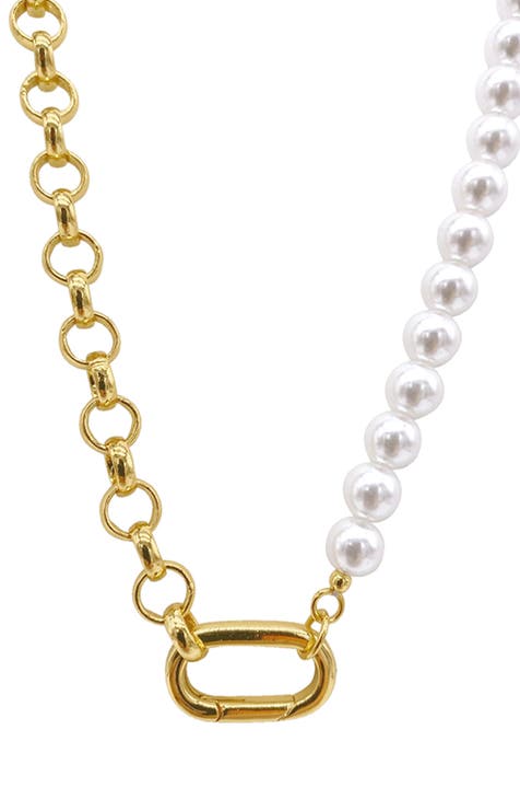 14K Yellow Gold Plated 6-7mm Imitation Pearl Half and Half Necklace
