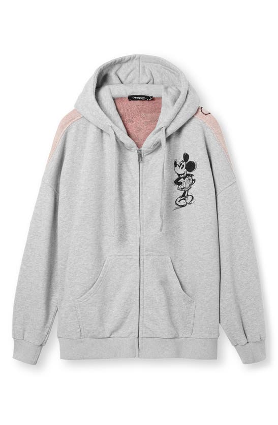 Shop Desigual X Disney Mickey Mouse Cotton Graphic Zip-up Sweater Hoodie In Grey