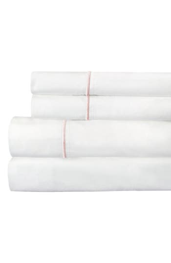 Melange Home Single Stripe Embroidered 300 Thread Count Cotton Percale Sheet Set In Rose/white
