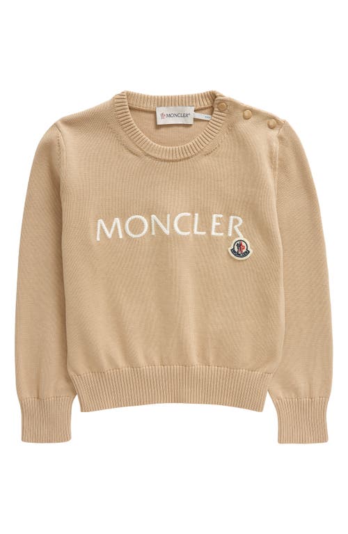 Moncler Kids' Embroidered Logo Cotton Crewneck Sweater Beige at Nordstrom,