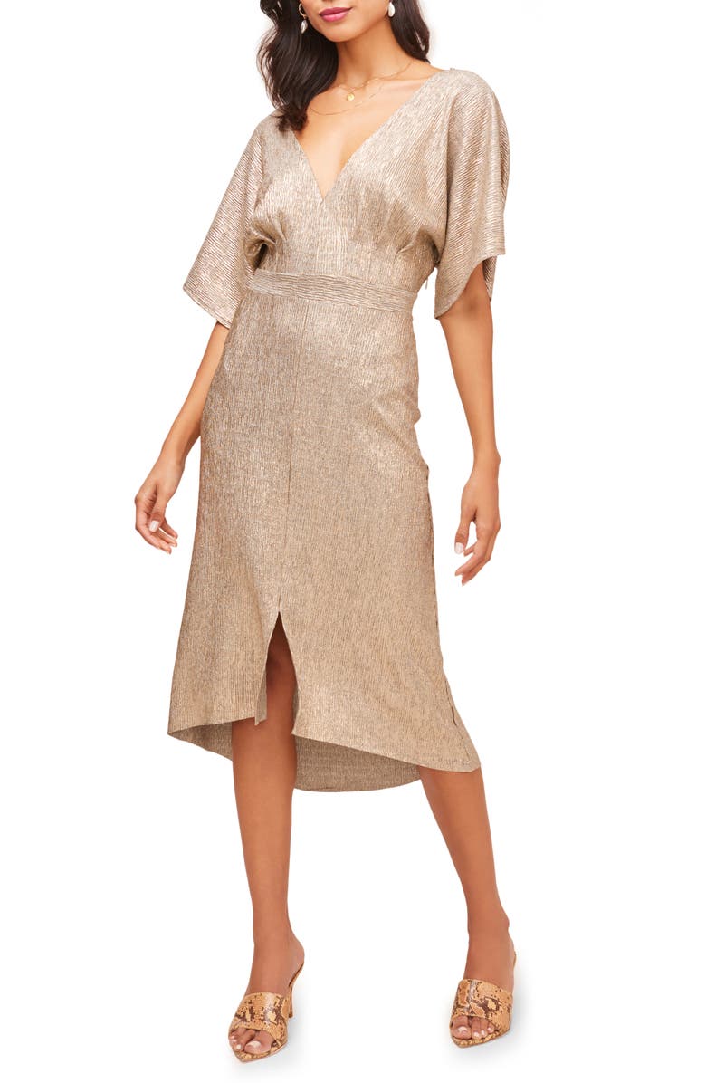 ASTR THE LABEL V-Neck High/Low Hem Midi Dress, Main, color, GOLD