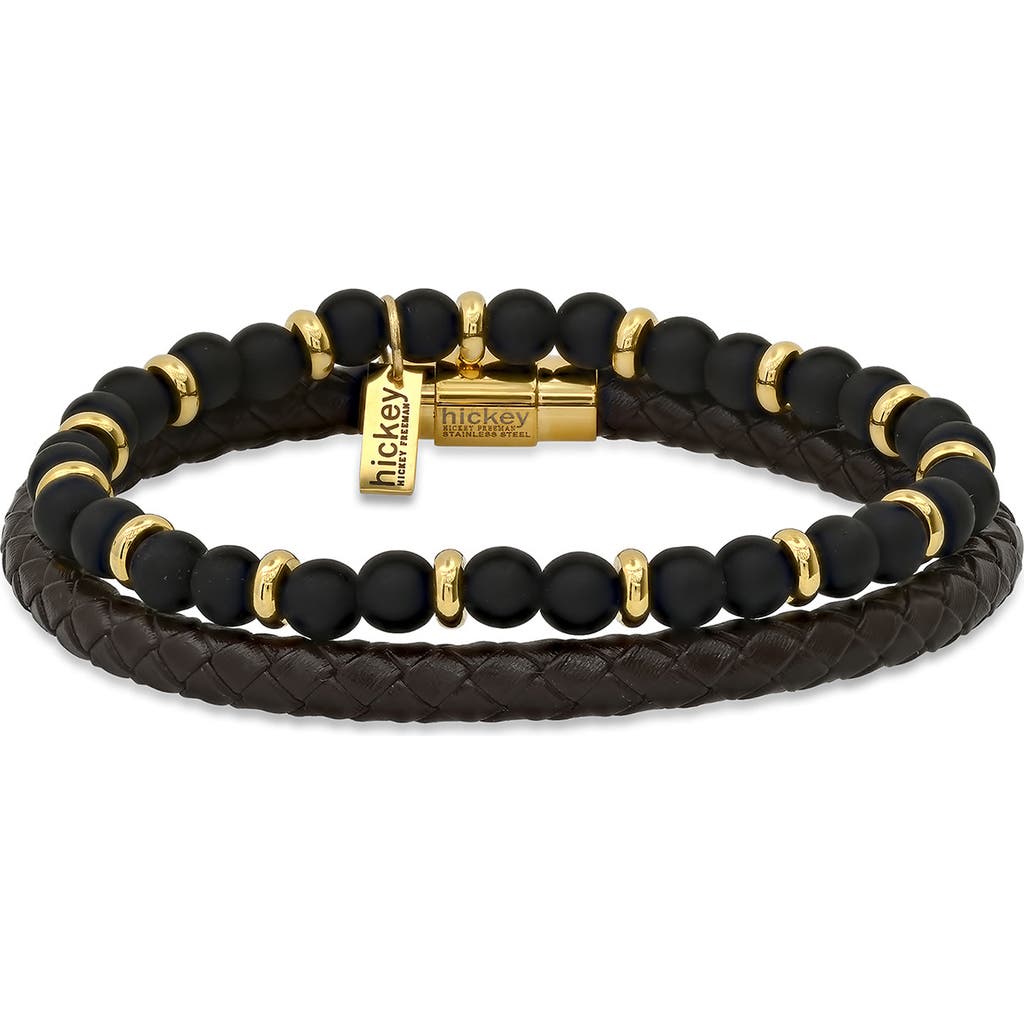 Shop Hmy Jewelry 18k Yellow Gold Beaded & Leather Bracelet Duo In 18k Gold Steel/black