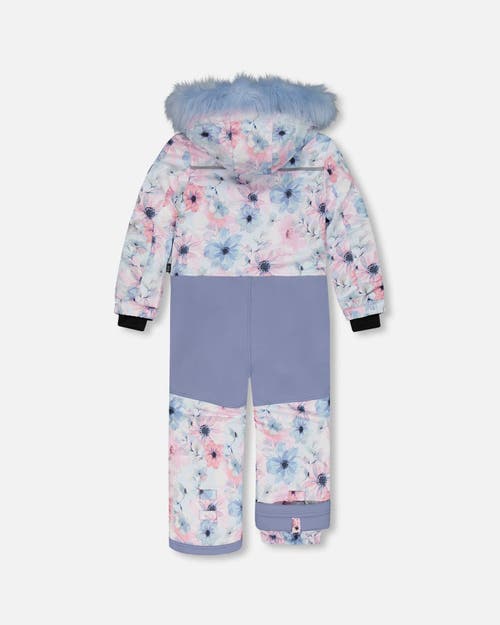 Shop Deux Par Deux Girl's One Piece Snowsuit Printed Watercolor Blue Flowers In Printed Watercolor Flowers