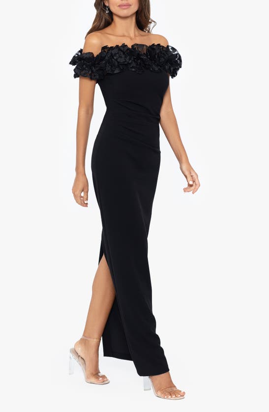 Shop Xscape Evenings Ruffle Off The Shoulder Crepe Gown In Black