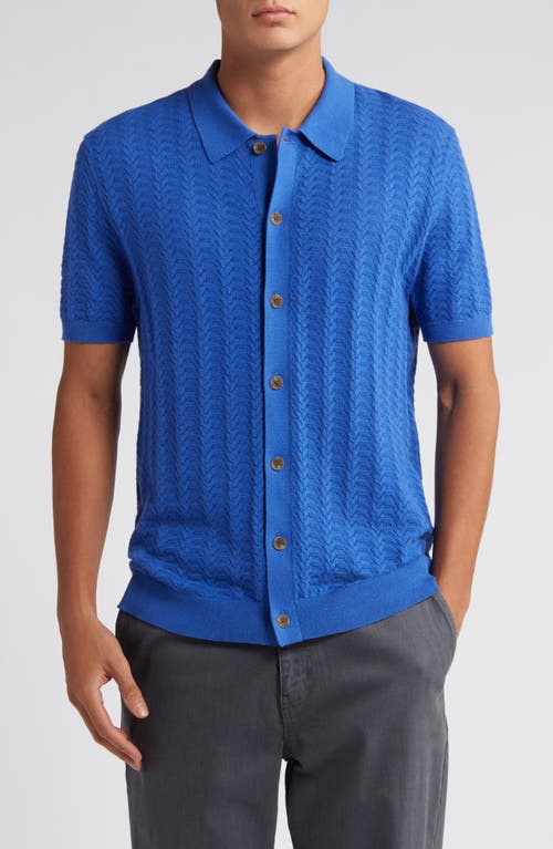 Tellaro Pointelle Short Sleeve Button-Up Sweater in Royal Blue
