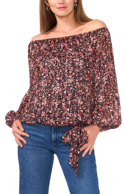 Vince Camuto Floral Metallic Stripe Off The Shoulder Top In Rich Black
