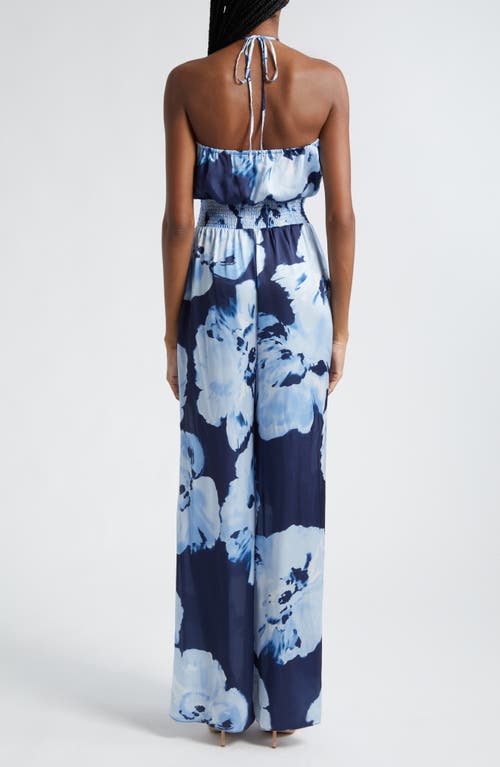 Ramy Brook Mindy Watercolor Bloom Strapless Wide-leg Jumpsuit In Spring Navy Watercolor