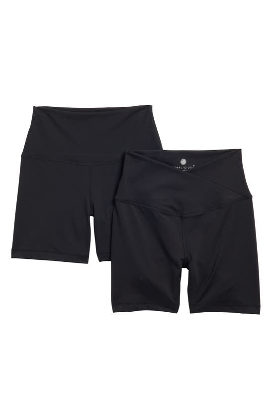 Yogalicious 2-pack Lux Crossover Front High Waist Bike Shorts In Black/black