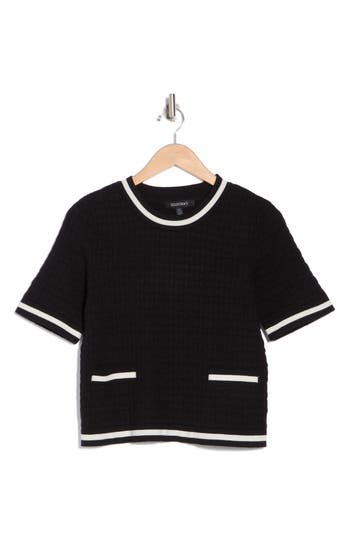 Ellen Tracy Tipped Short Sleeve Crop Sweater In Black