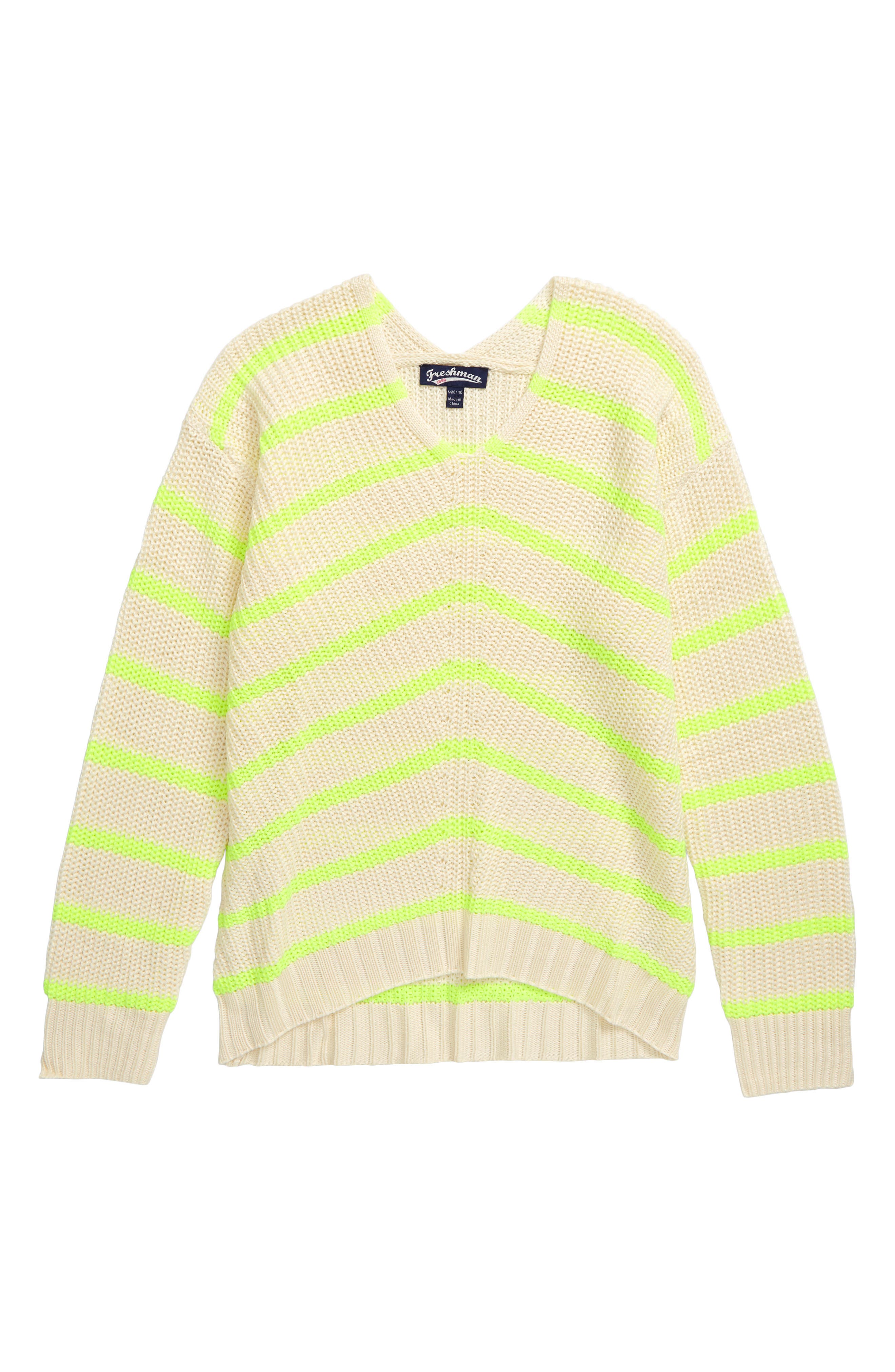 FRESHMAN Stripe Knit Sweater, Main, color, IVORY DETAILS & CARE Cold-weather style is made easy with this sweater featuring chevron stripes in neon yellow.  100% acrylic Machine wash, tumble dry Imported Kids’ Wear Item #5899201 Free Shipping & Returns See more Stripe Knit Sweater