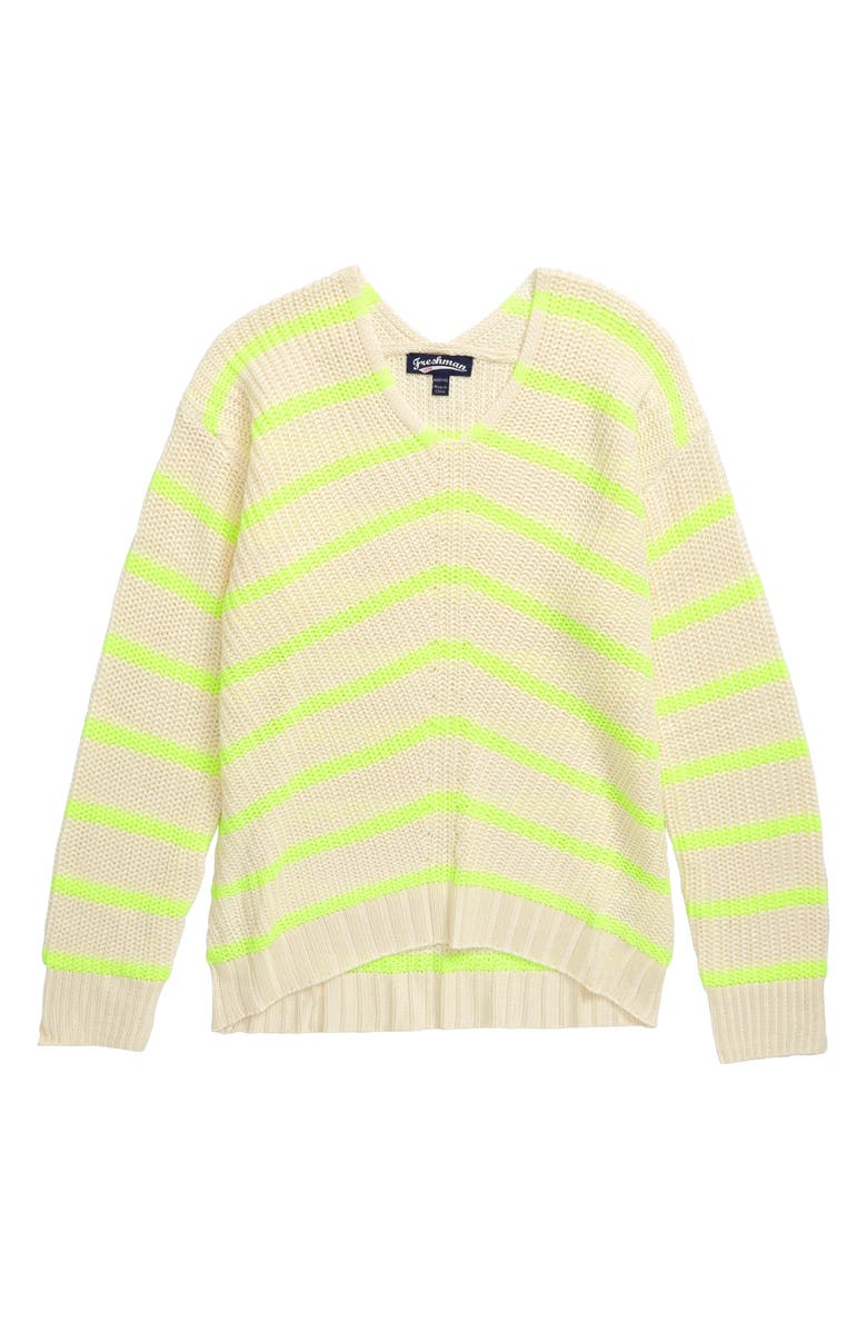 FRESHMAN Stripe Knit Sweater, Main, color, IVORY DETAILS & CARE Cold-weather style is made easy with this sweater featuring chevron stripes in neon yellow.  100% acrylic Machine wash, tumble dry Imported Kids’ Wear Item #5899201 Free Shipping & Returns See more Stripe Knit Sweater