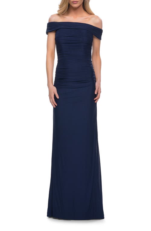 La Femme Ruched Off the Shoulder Net Jersey Evening Dress in Navy 