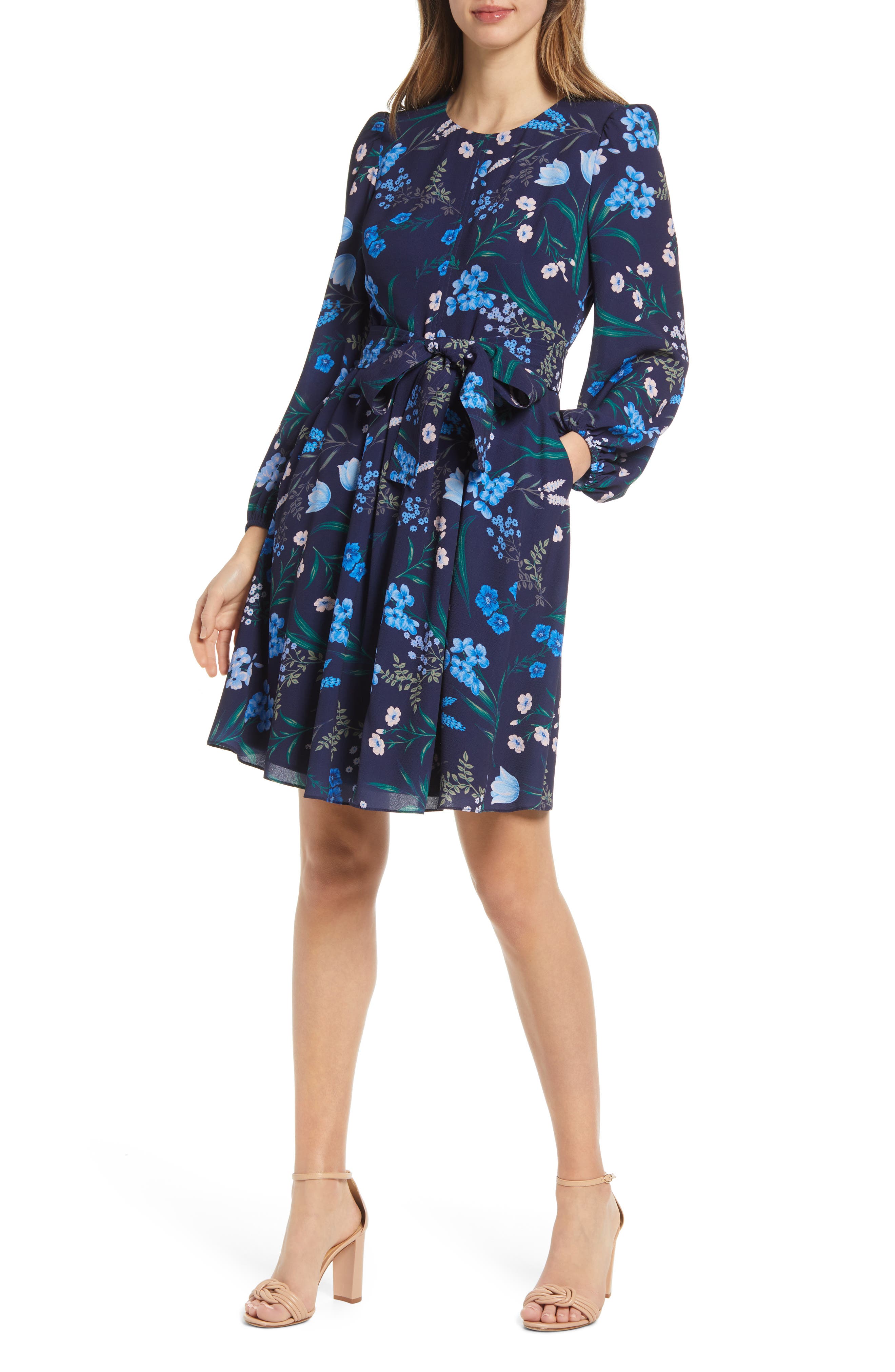 Eliza J Floral Print Long Sleeve A-Line 