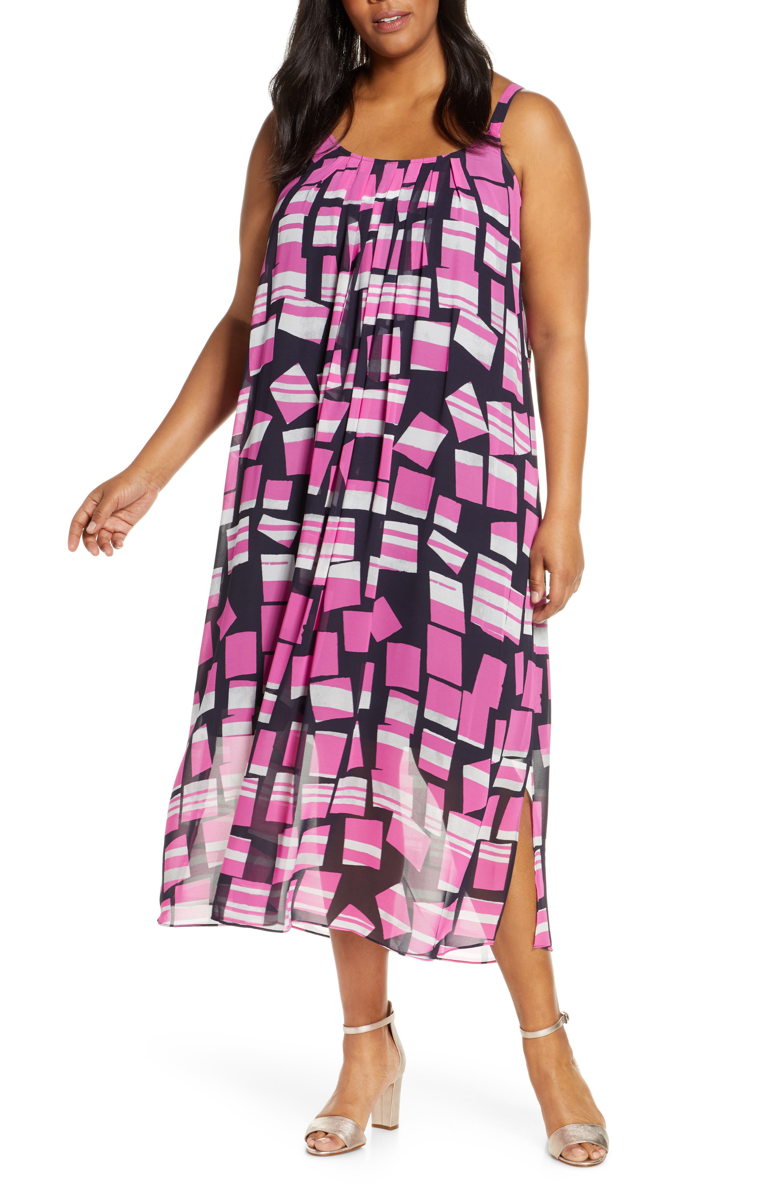 Plus Size Nic+Zoe Block Party Print Pleat Shift Dress, Pink