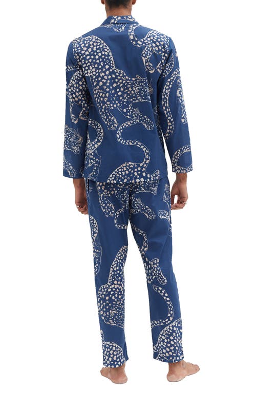 Shop Desmond & Dempsey Leopard Print Long Sleeve Cotton Pajamas In Blue