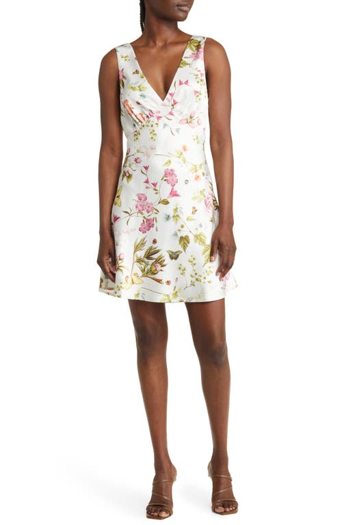 Floral Empire Waist Satin Minidress in Ivory Butterfly Floral