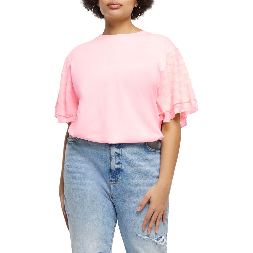 River Island Polka Dot Frill Sleeve T-shirt In Pink