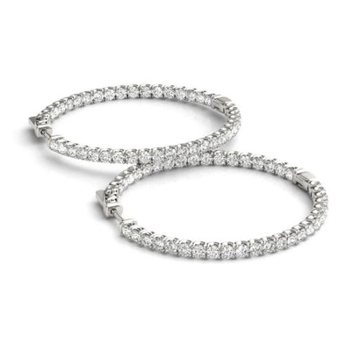 Bliss Diamond 1.75 Ct Lab Grown Diamond Hoops Inside Outside 1 1/3" 14k Gold Vault Lock In 14k White Gold