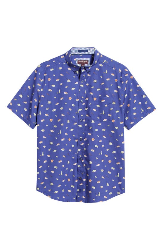 Shop Johnston & Murphy Sushi Print Short Sleeve Cotton Button-down Shirt In Navy