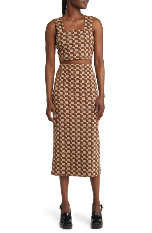 Dressed in Lala Looking Good Crop Tank & Midi Skirt Set in Brown Geometric at Nordstrom, Size Large