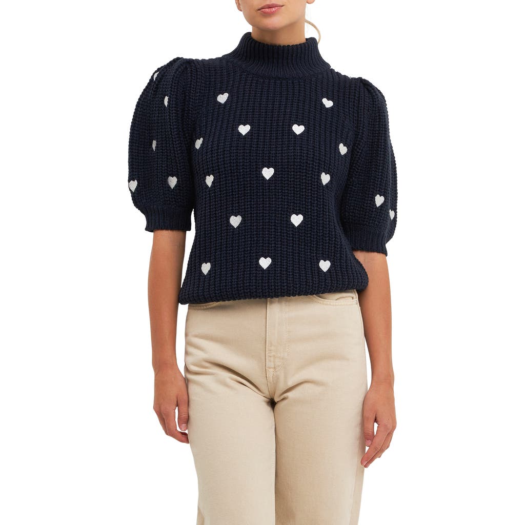 English Factory Heart Embroidered Puff Sleeve Sweater In Navy/white